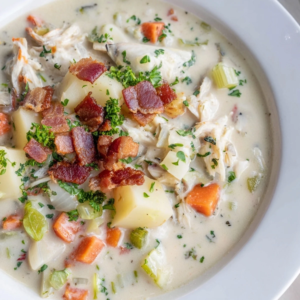 Steaming Creamy Clam Chowder with clams, potatoes, and bacon, a warm and comforting bowl.