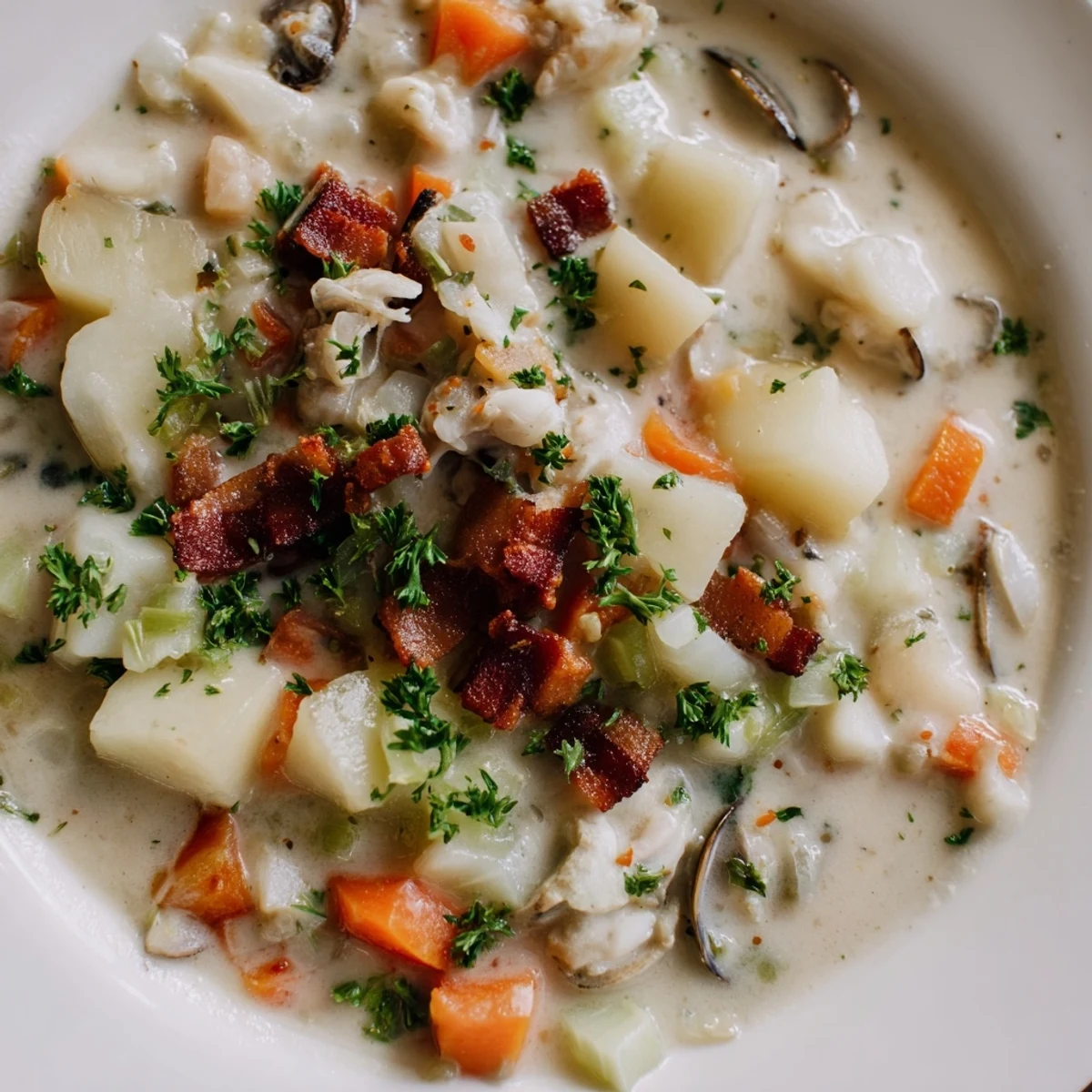 Delicious, thick Creamy Clam Chowder showcasing tender clams with a flavorful, creamy broth.
