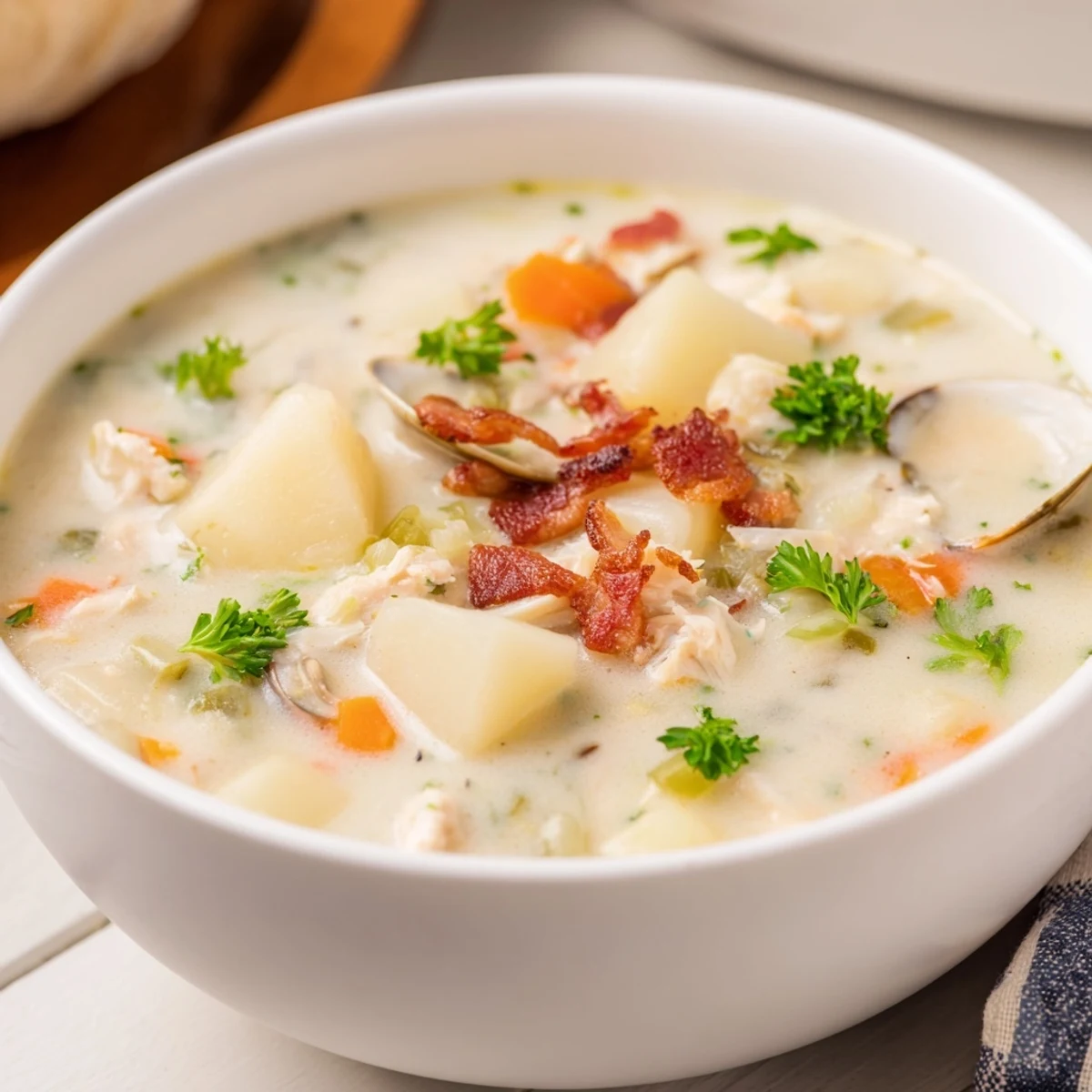 A creamy, flavorful bowl of traditional New England Creamy Clam Chowder, perfect for serving.
