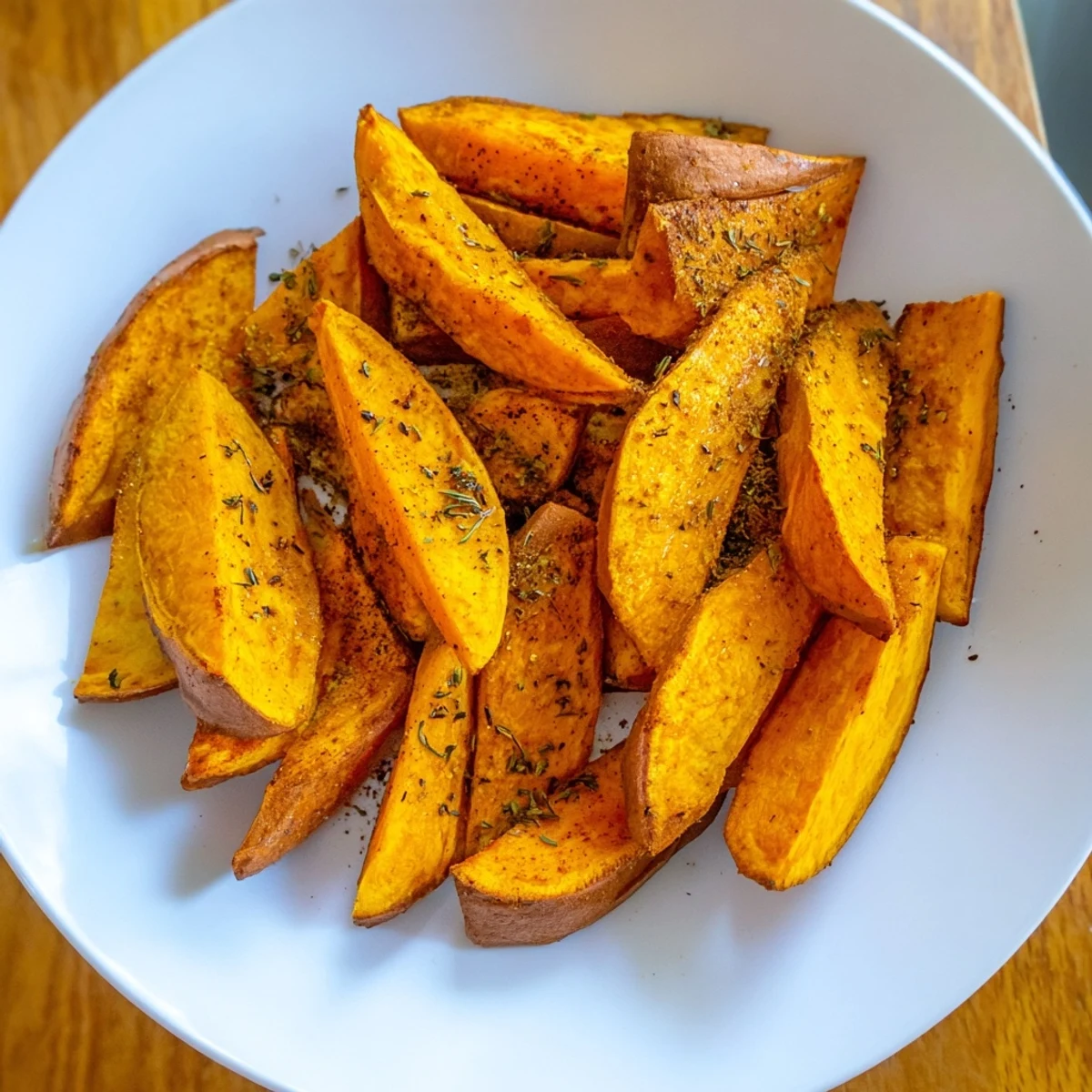 Golden-brown baked sweet potato wedges, sizzling from the oven, ready for dipping and enjoying.