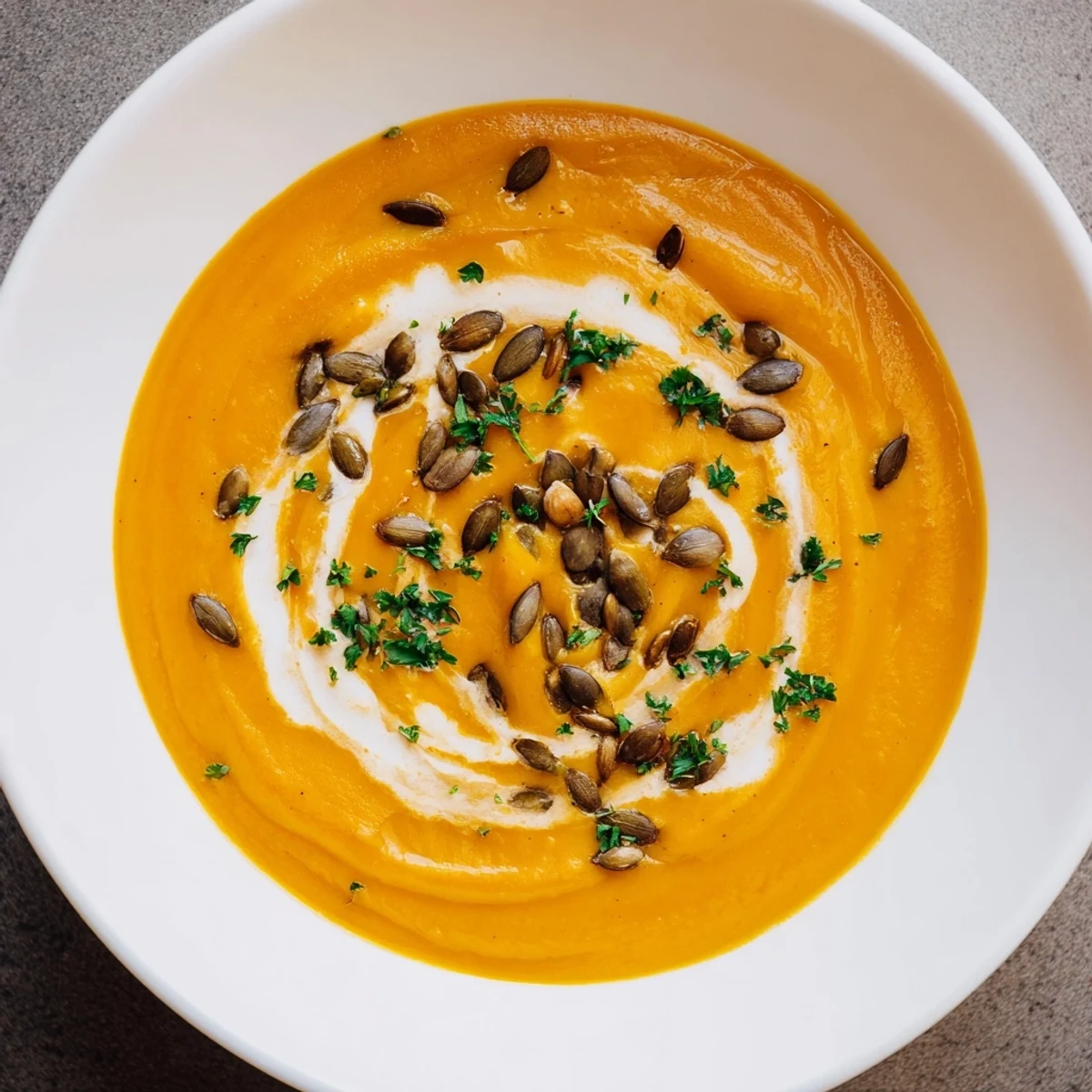 A warm bowl of butternut squash and apple soup, perfect for a cozy fall day and gluten-free.