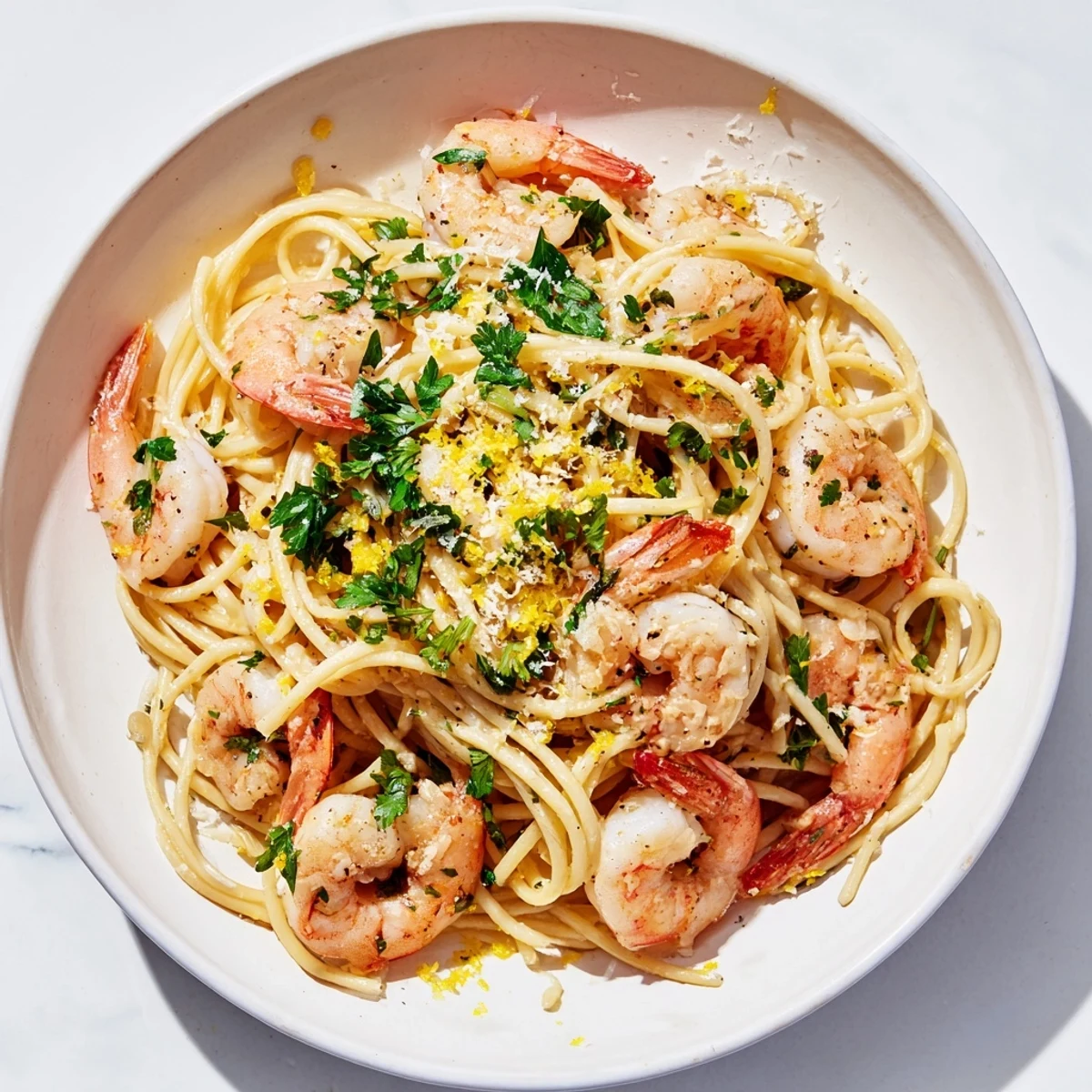 Steaming Garlic Butter Shrimp Pasta with perfectly cooked shrimp and fresh parsley for tonight's dinner.