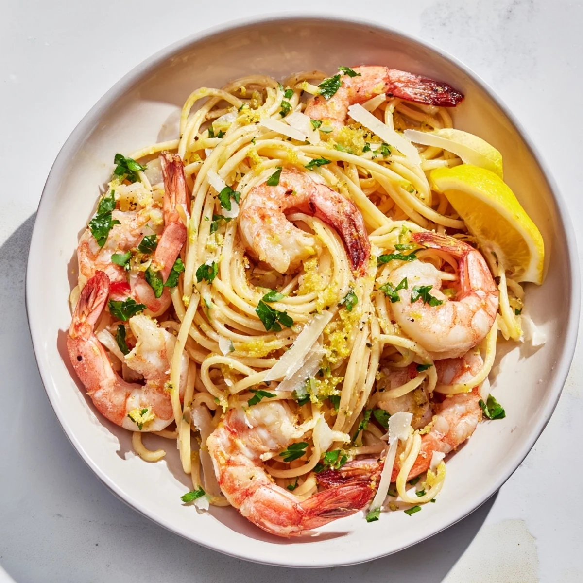 Delicious Garlic Butter Shrimp Pasta, a hearty Italian-American meal, ready to be served hot.