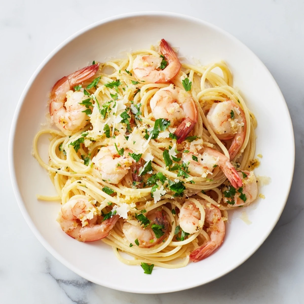 A close-up of Garlic Butter Shrimp Pasta, showing tender shrimp and flavorful sauce over spaghetti.
