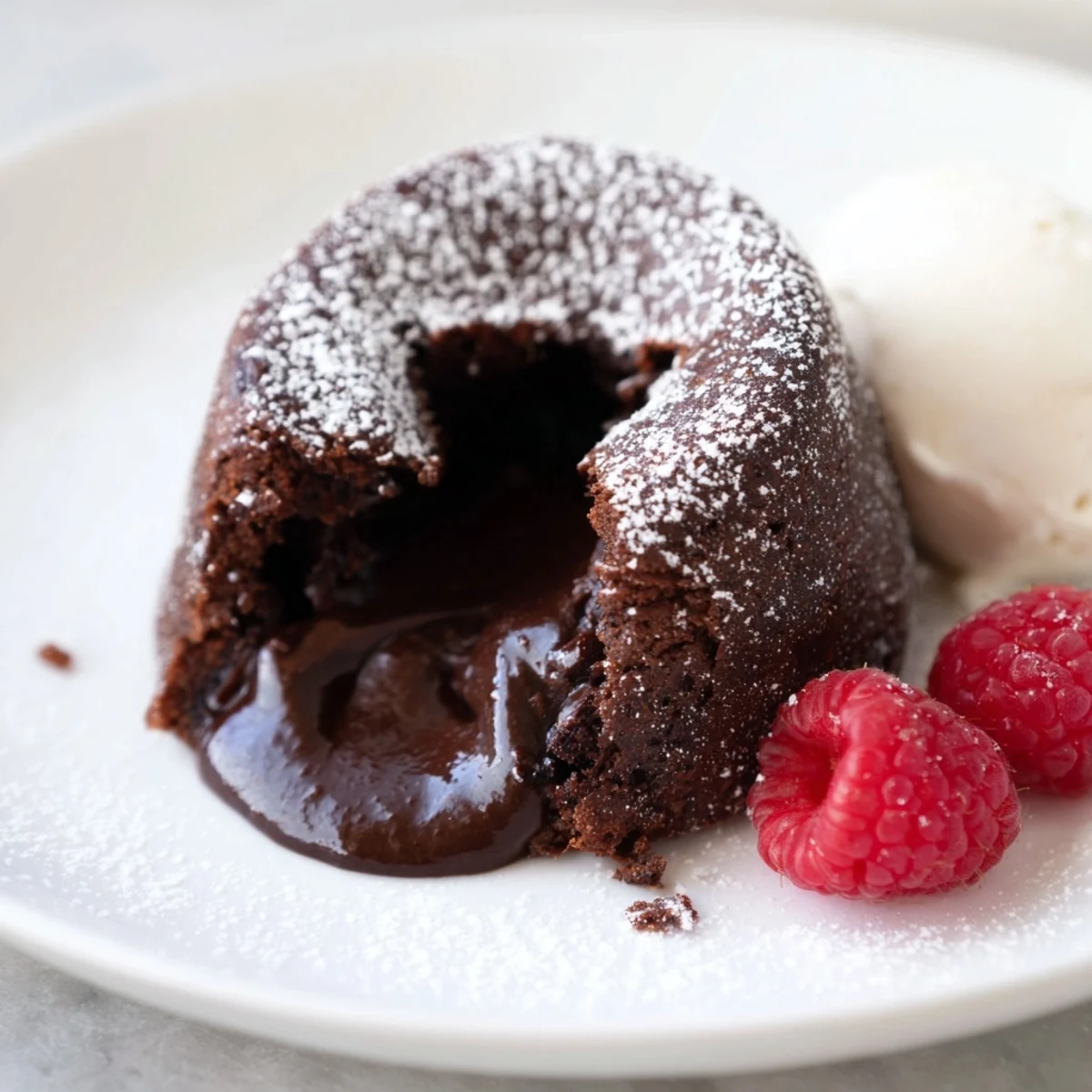 Warm, inviting photo of chocolate lava cakes drizzling molten chocolate onto a plate.