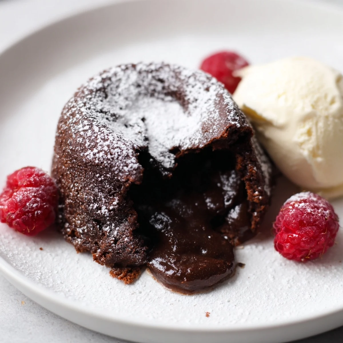Rich, dark chocolate lava cakes with powdered sugar, ready to be enjoyed with fresh berries.