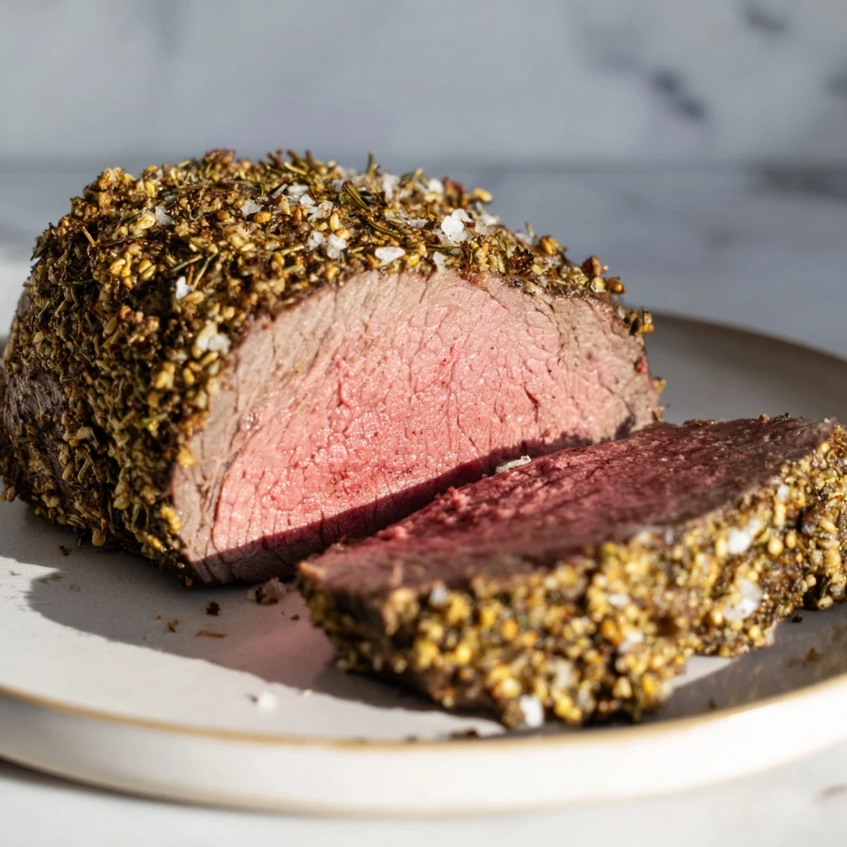Close-up of a beautifully browned Herb Crusted Roast Beef, ideal for a Sunday family meal.