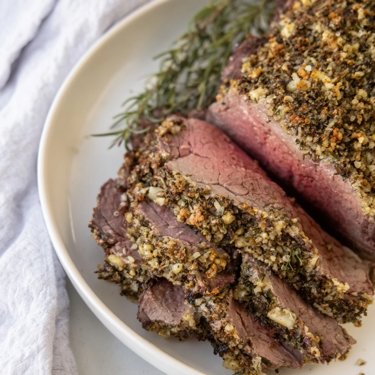 Juicy Herb Crusted Roast Beef, perfectly roasted and presented with delicious pan juices on a platter.