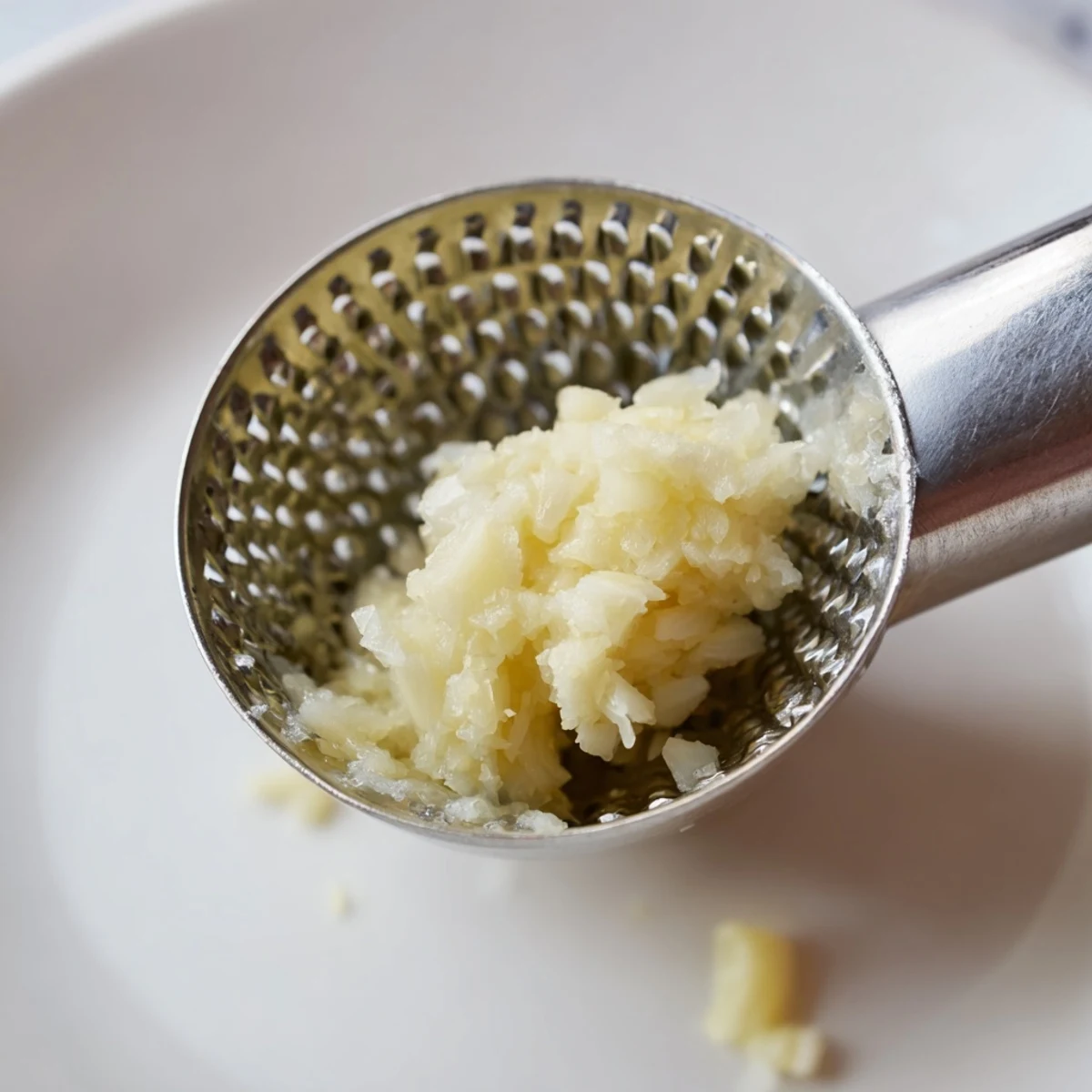 Shiny stainless steel garlic crusher ready to efficiently mince fresh garlic cloves for cooking.
