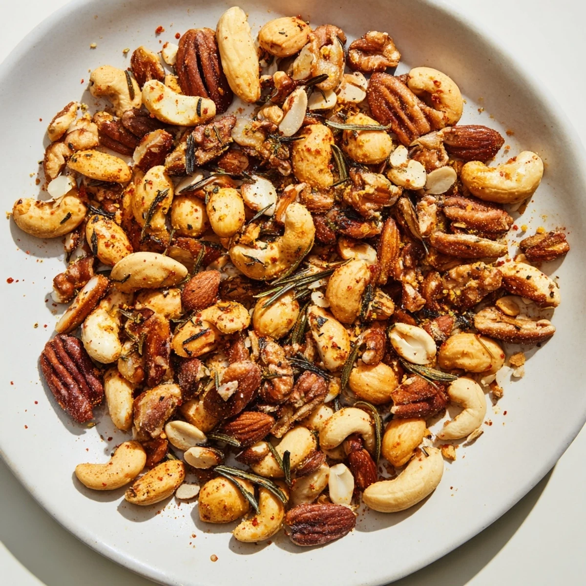 A close-up of crunchy roasted nut mix, showcasing a delightful blend of nuts and spices, ready to enjoy.
