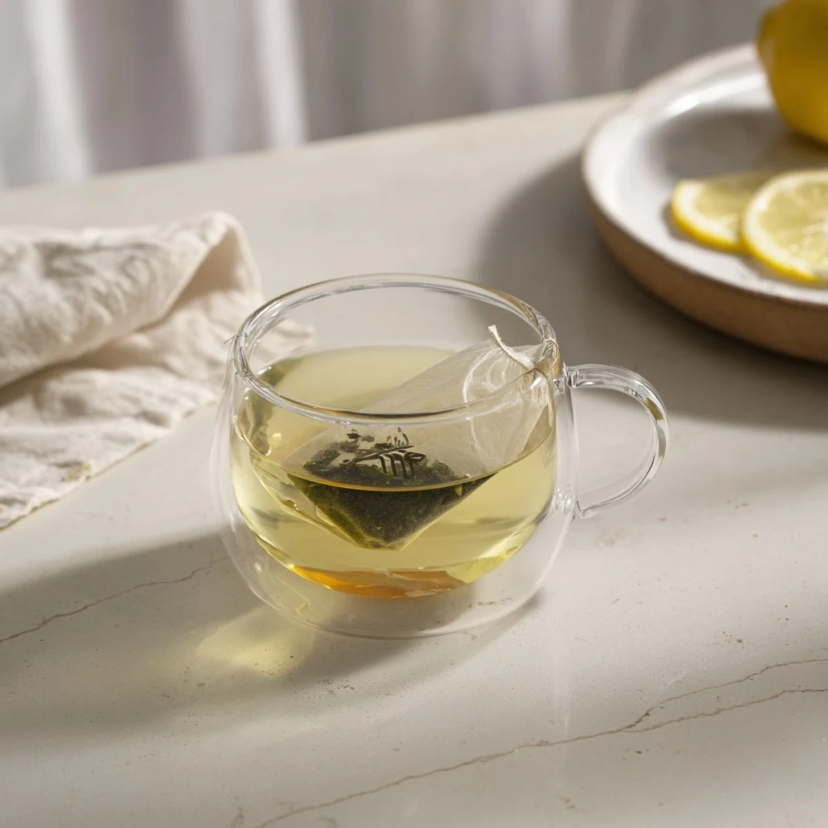 Steaming cup of peppermint tea, a vibrant green beverage, served hot in a ceramic mug.