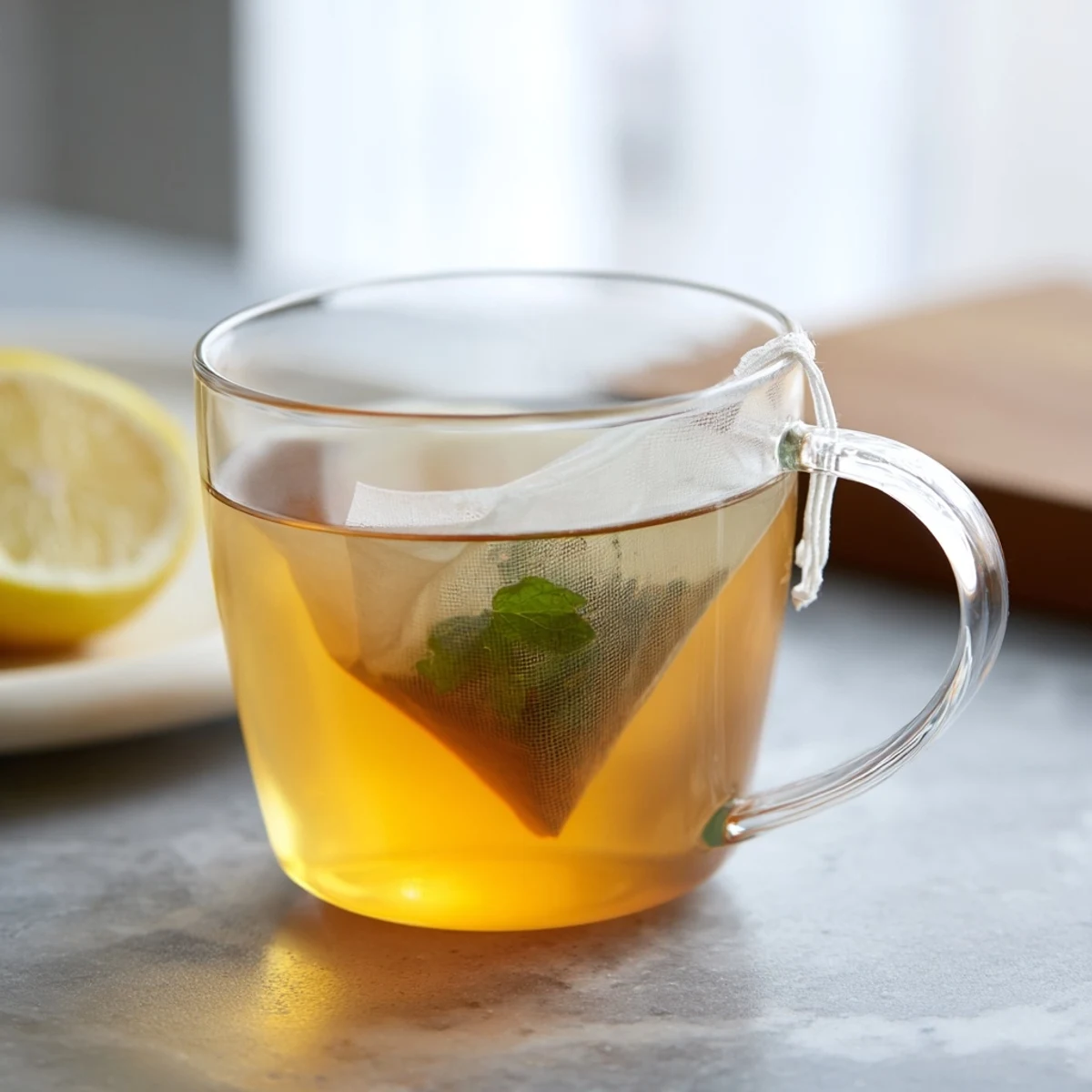 Close-up of peppermint tea, showing the tea bag steeping in clear, amber-colored water, offering a refreshing aroma.