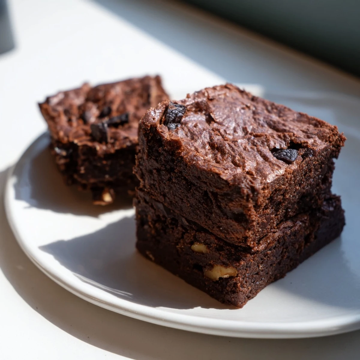 Warm, fudgy chocolate fudge brownies, with a crinkly top, perfect for a midday dessert.