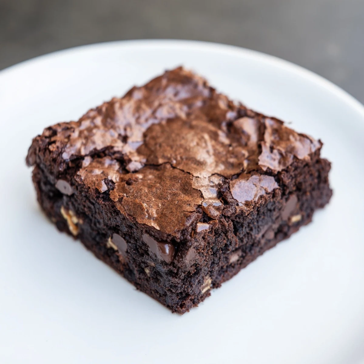 A plate of decadent chocolate fudge brownies, rich and dark, ready to be enjoyed.