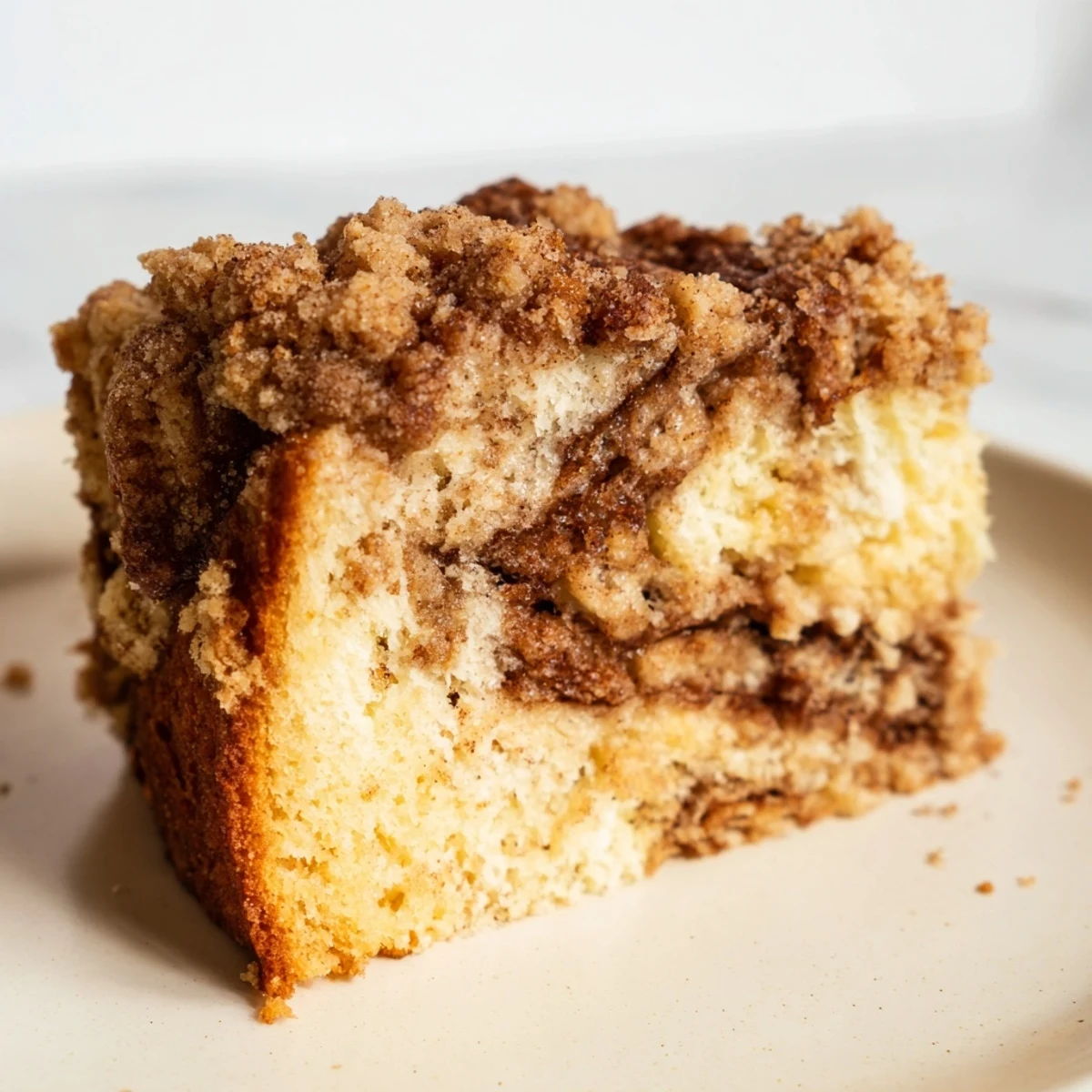 Golden-brown Cinnamon Swirl Coffee Cake, showcasing a rich cinnamon center and streusel topping.