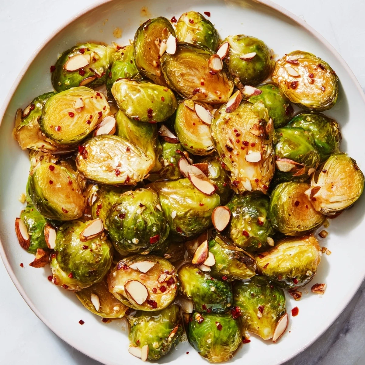 The caramelized edges of these crispy Brussels sprouts with honey look incredibly appealing on a bright plate.