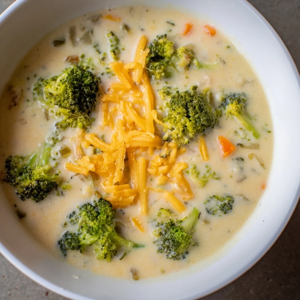 Steaming bowl filled with the creamy broccoli cheddar soup, topped with melted cheddar for serving.
