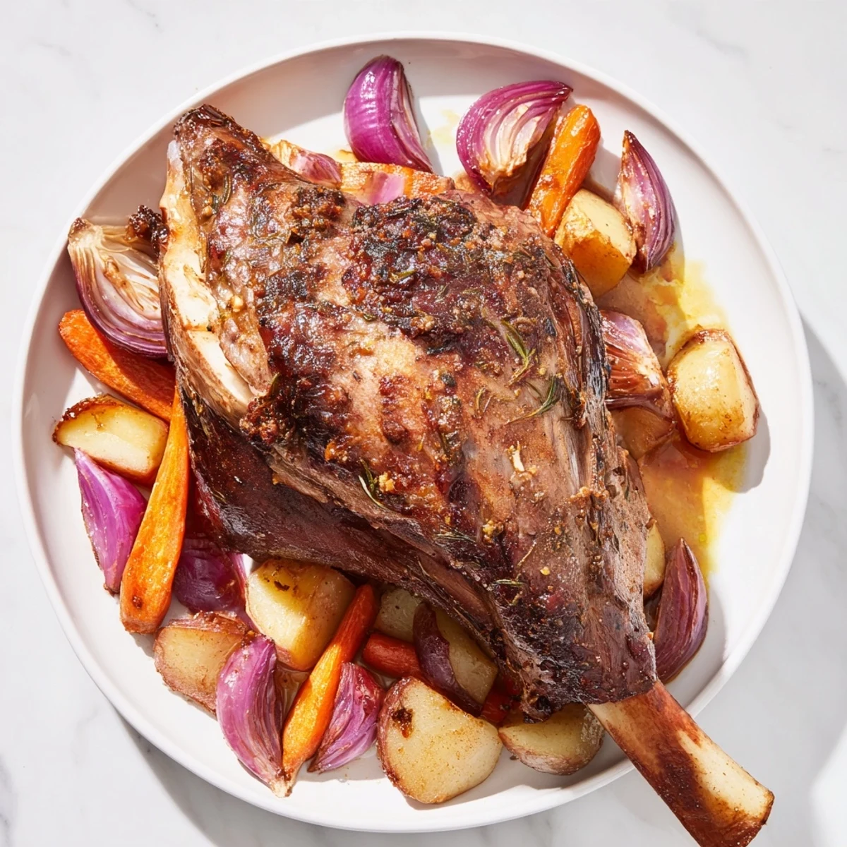 Golden, crispy roasted lamb shoulder surrounded by tender, caramelized root vegetables for a holiday feast.