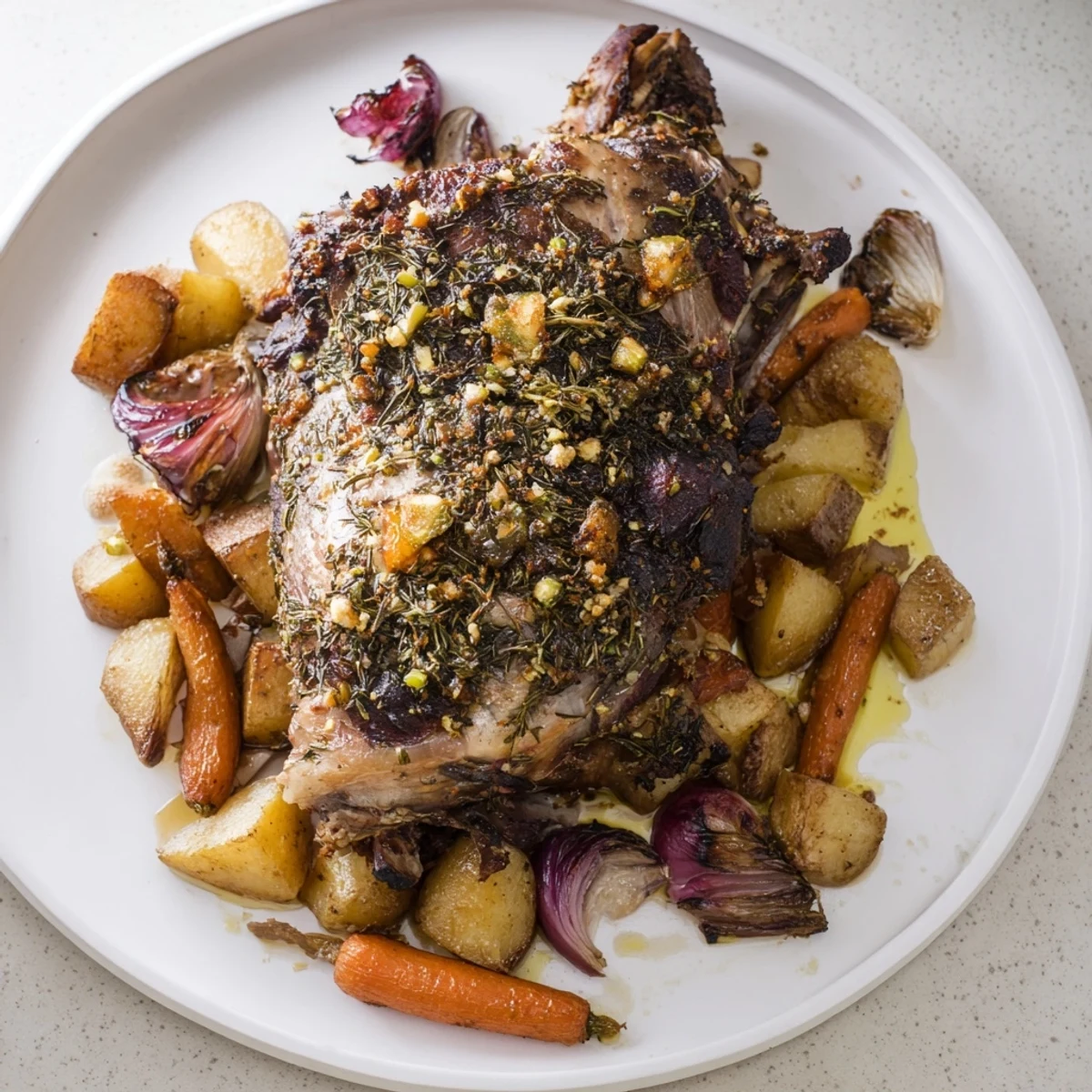 A close up shows the perfectly roasted lamb shoulder nestled with savory root vegetables, ready to enjoy.