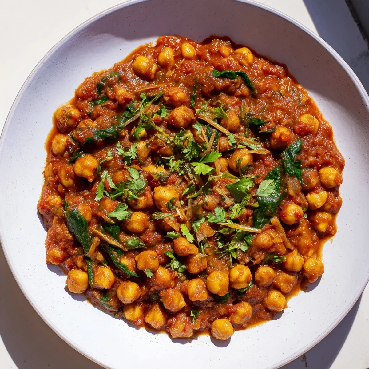 Steaming Spicy Chickpea Curry with vibrant red sauce, ready to serve with fluffy basmati rice.
