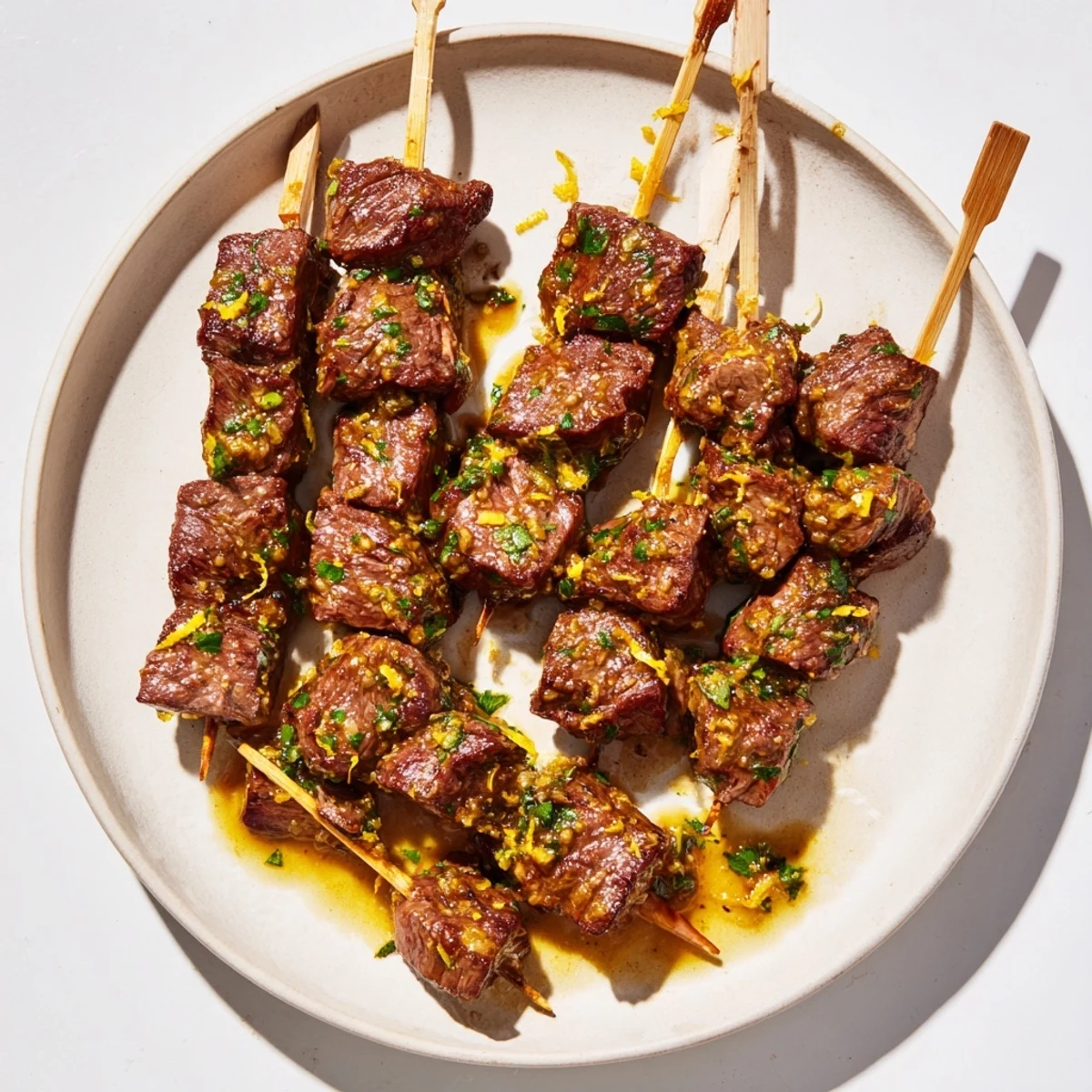 Fresh parsley and lemon wedges garnish these flavorful Garlic Butter Steak Skewers, a delicious gluten-free meal.