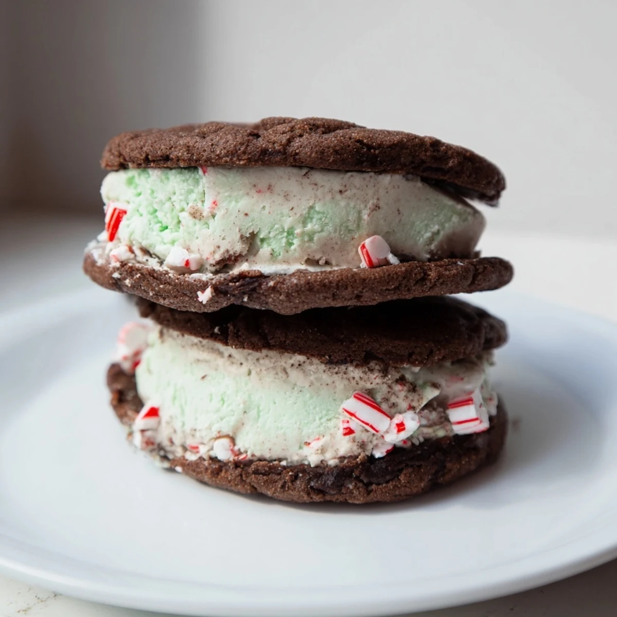 Perfectly chilled Peppermint Ice Cream Sandwich, a holiday dessert, with a dusting of powdered sugar.