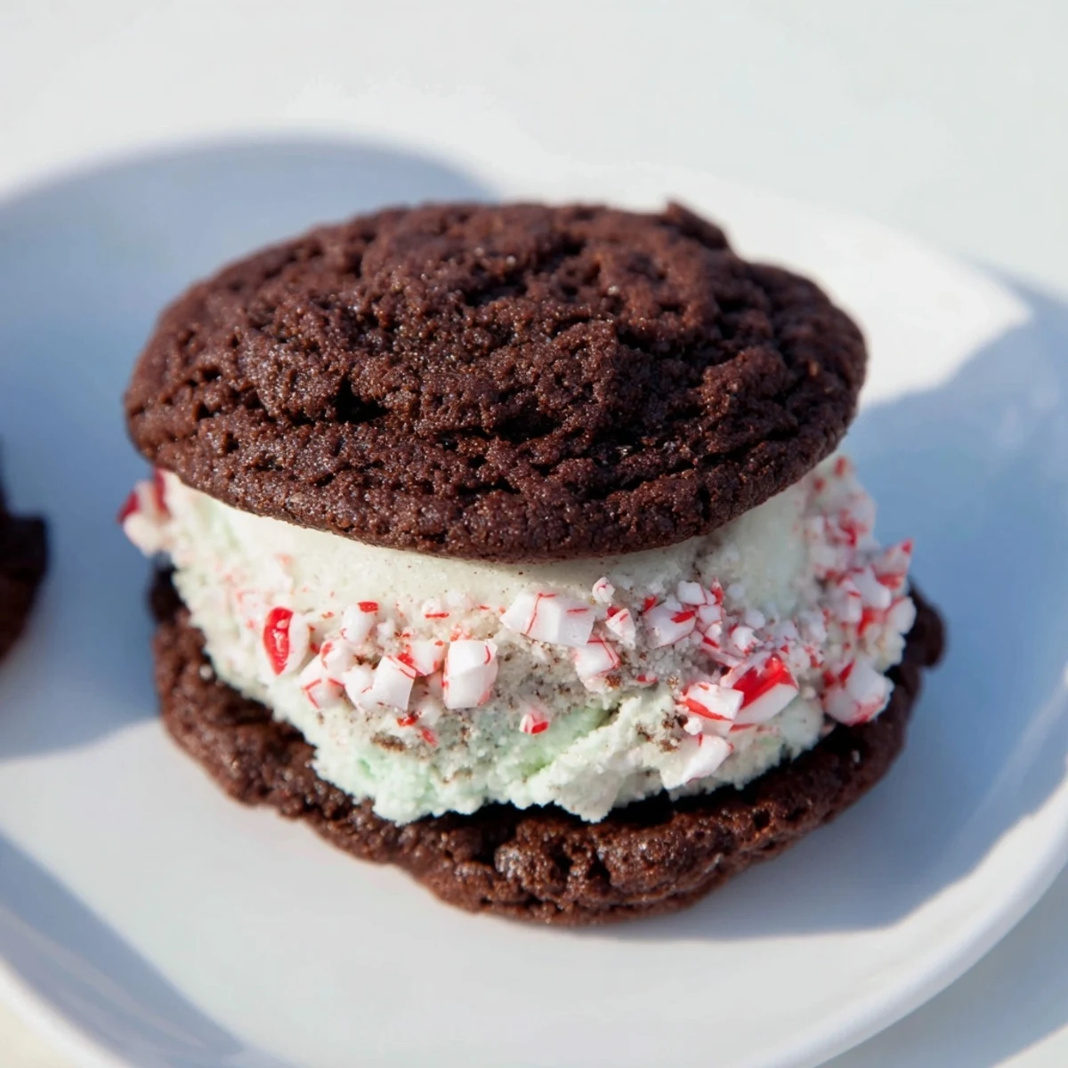 A close-up of a Peppermint Ice Cream Sandwich showcasing the creamy ice cream and chewy cookies.