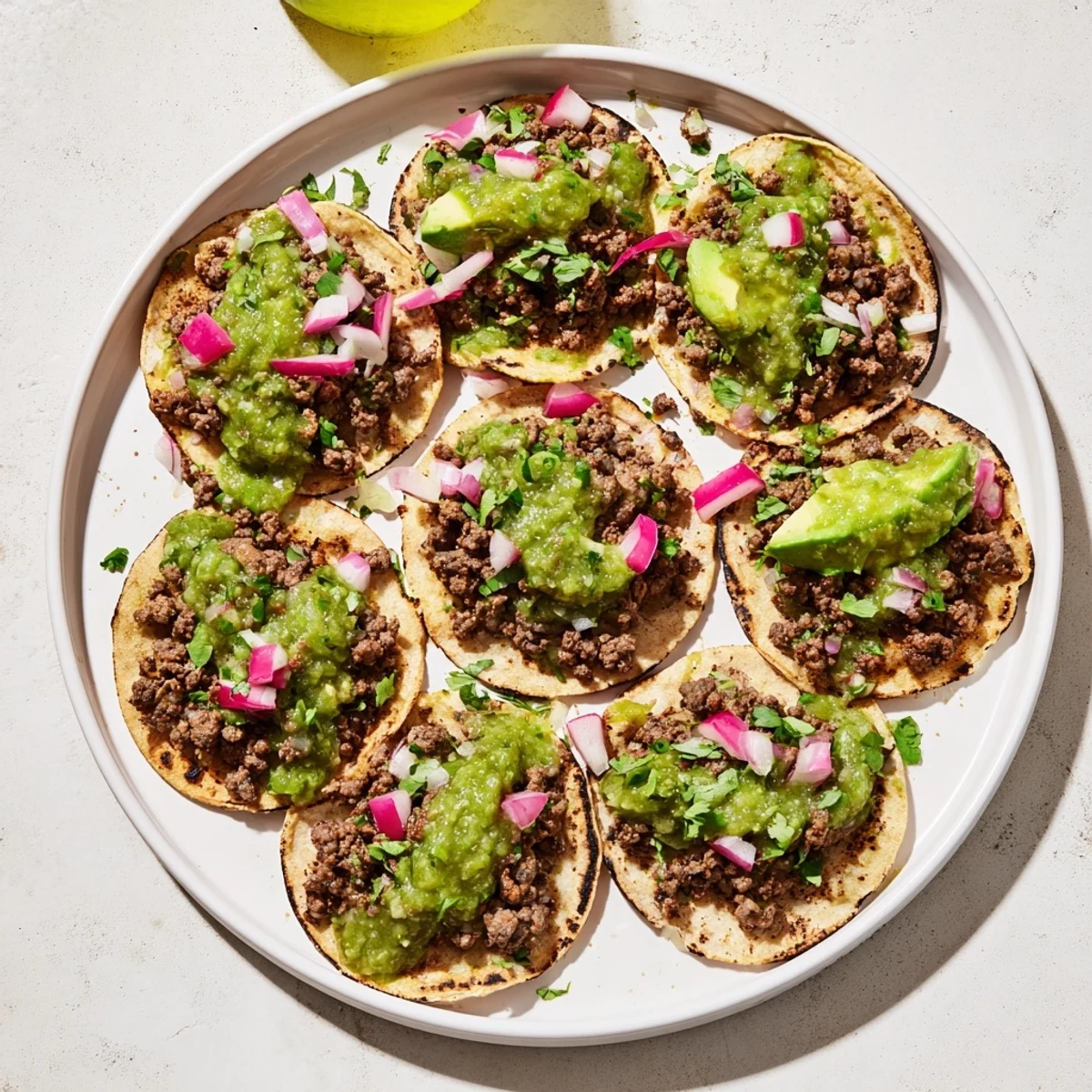 Beef tacos with salsa verde: sizzling ground beef and flavorful homemade salsa verde in warm corn tortillas.