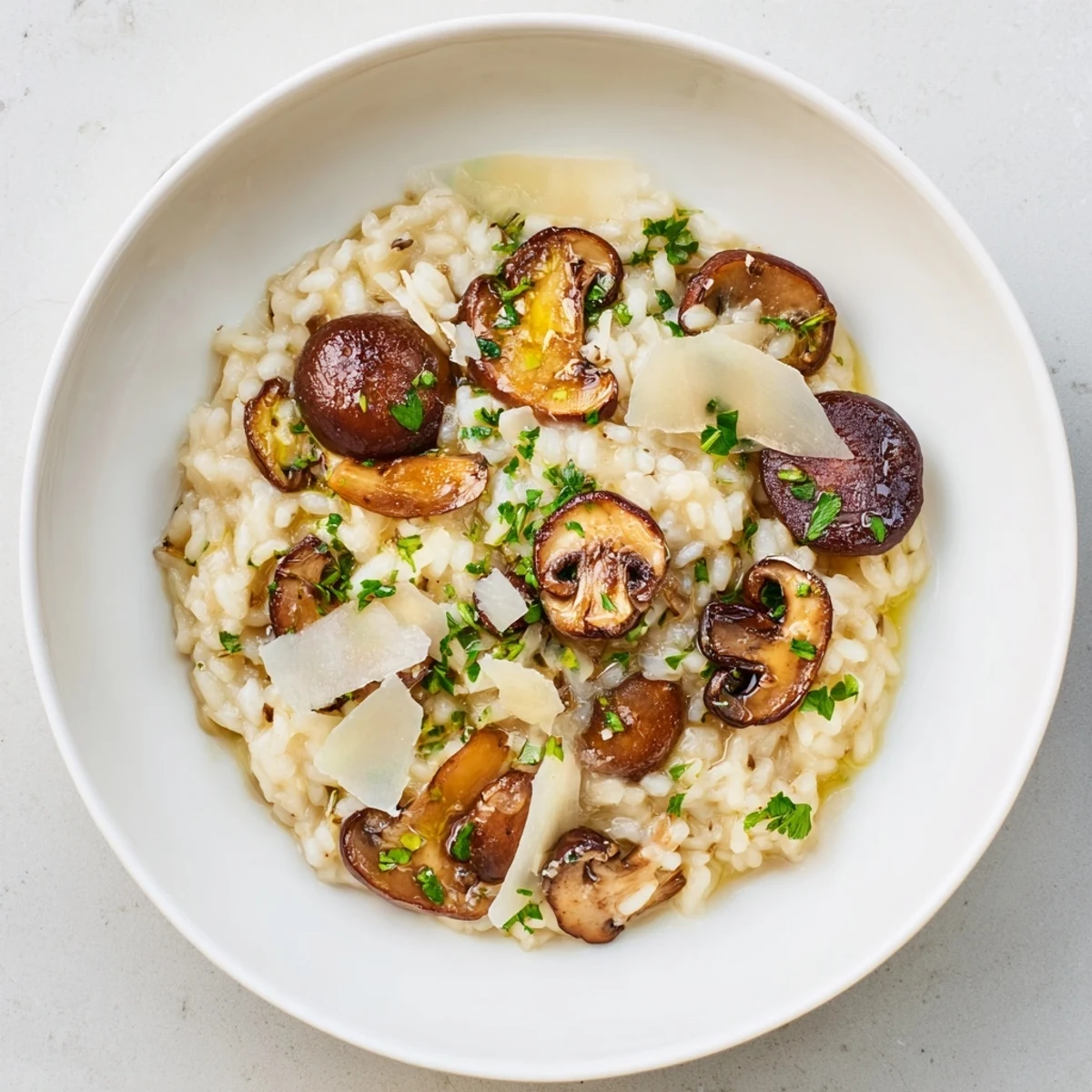 Creamy savory mushroom risotto swirled with Parmesan cheese, ready for a comforting Italian dinner.