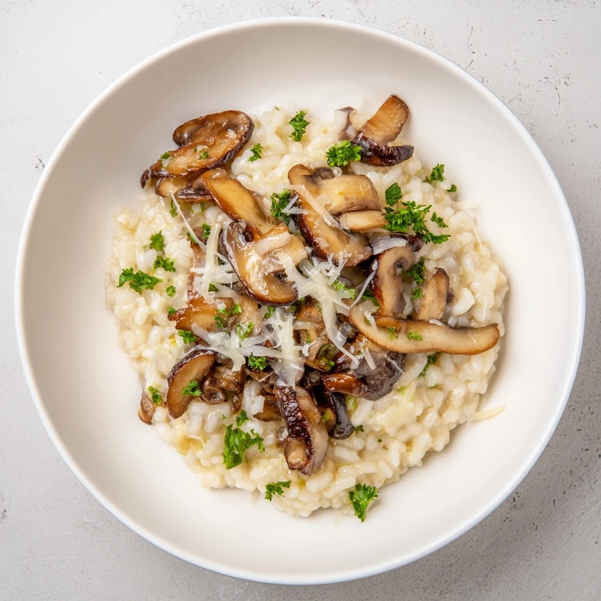 Delicious, steaming bowl of savory mushroom risotto, finished with fresh parsley and grated Parmesan.