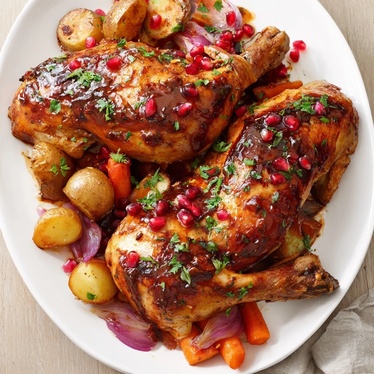 Golden-brown roasted chicken with pomegranate molasses, vegetables, and pomegranate seeds—a flavorful main course.