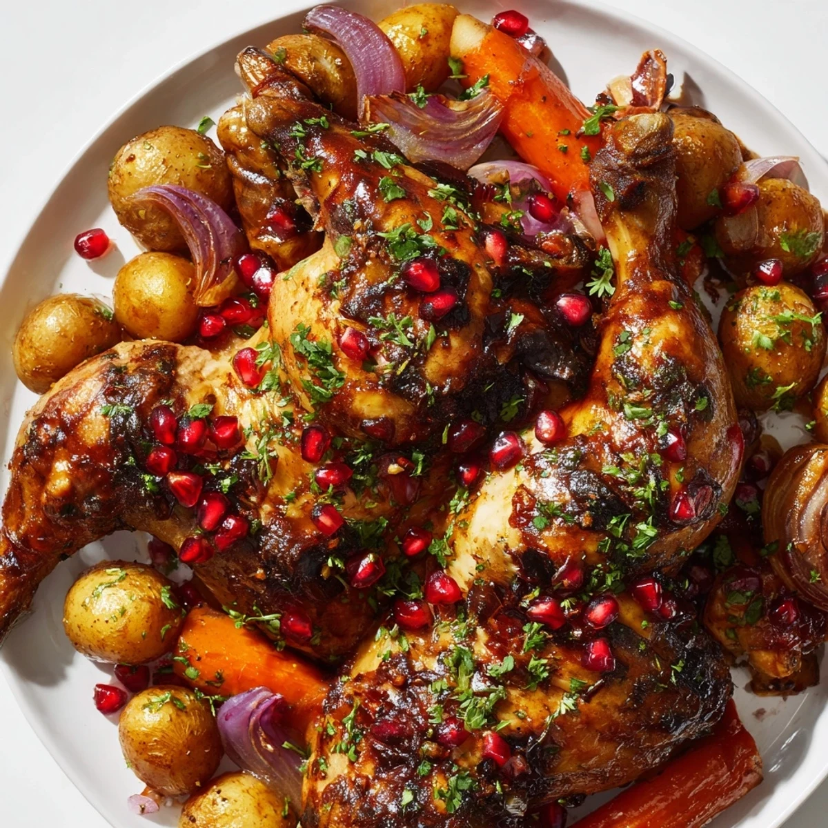 Savory Roasted Chicken with Pomegranate Molasses and vibrant, colorful vegetables, ready to serve with fresh parsley.
