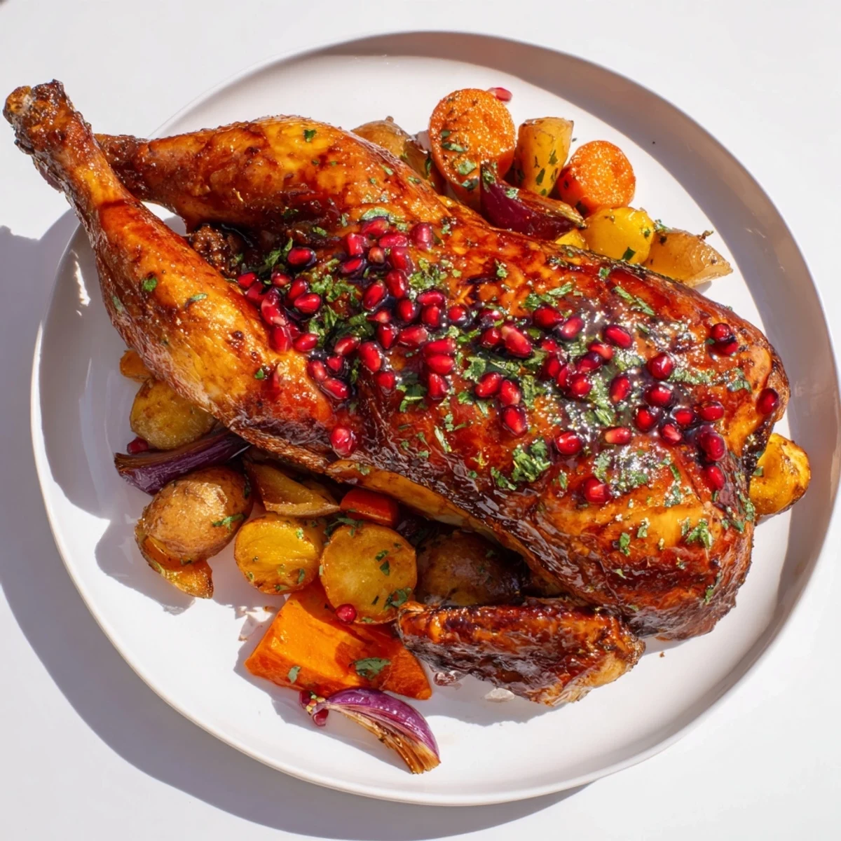 Juicy Roasted Chicken with Pomegranate Molasses, glistening, with roasted carrots, onions, and potatoes alongside.