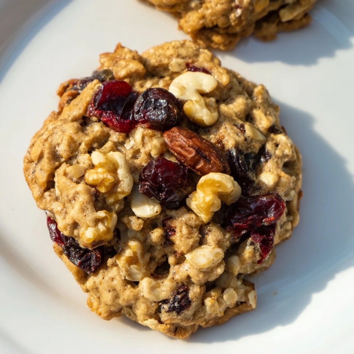Warm, chewy cranberry walnut oatmeal cookies, golden brown and perfectly baked, ready to enjoy.