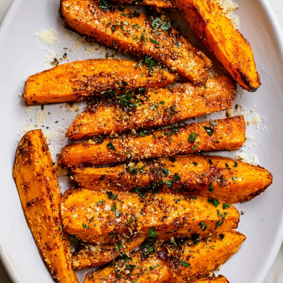 Savory and vibrant: A baking sheet filled with delicious roasted sweet potato wedges, ready to eat.