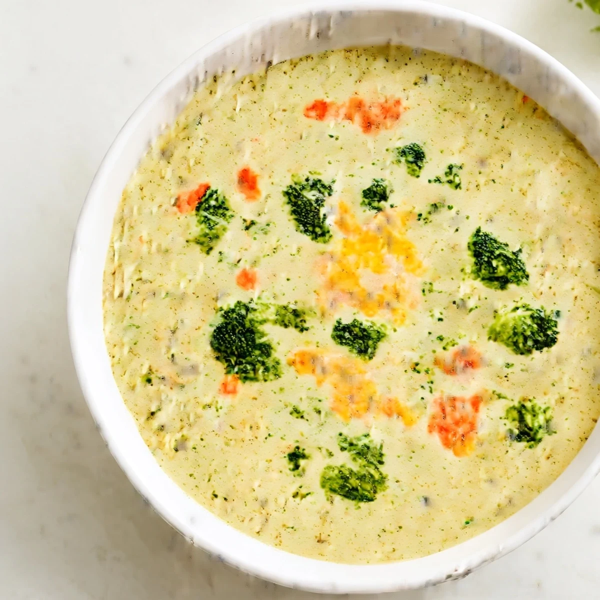 A close-up of rich and creamy Creamy Broccoli and Cheese Soup, garnished with cheese, inviting you to eat.