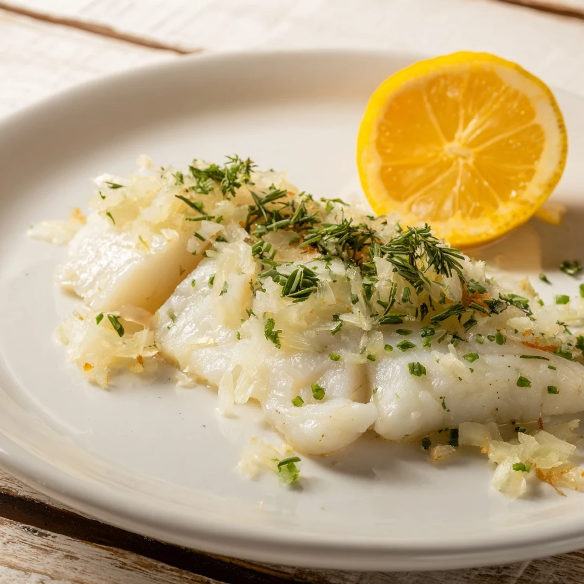 Grilled Lemon Herb Fish, flaky and glistening, served with bright lemon wedges and fresh herbs.