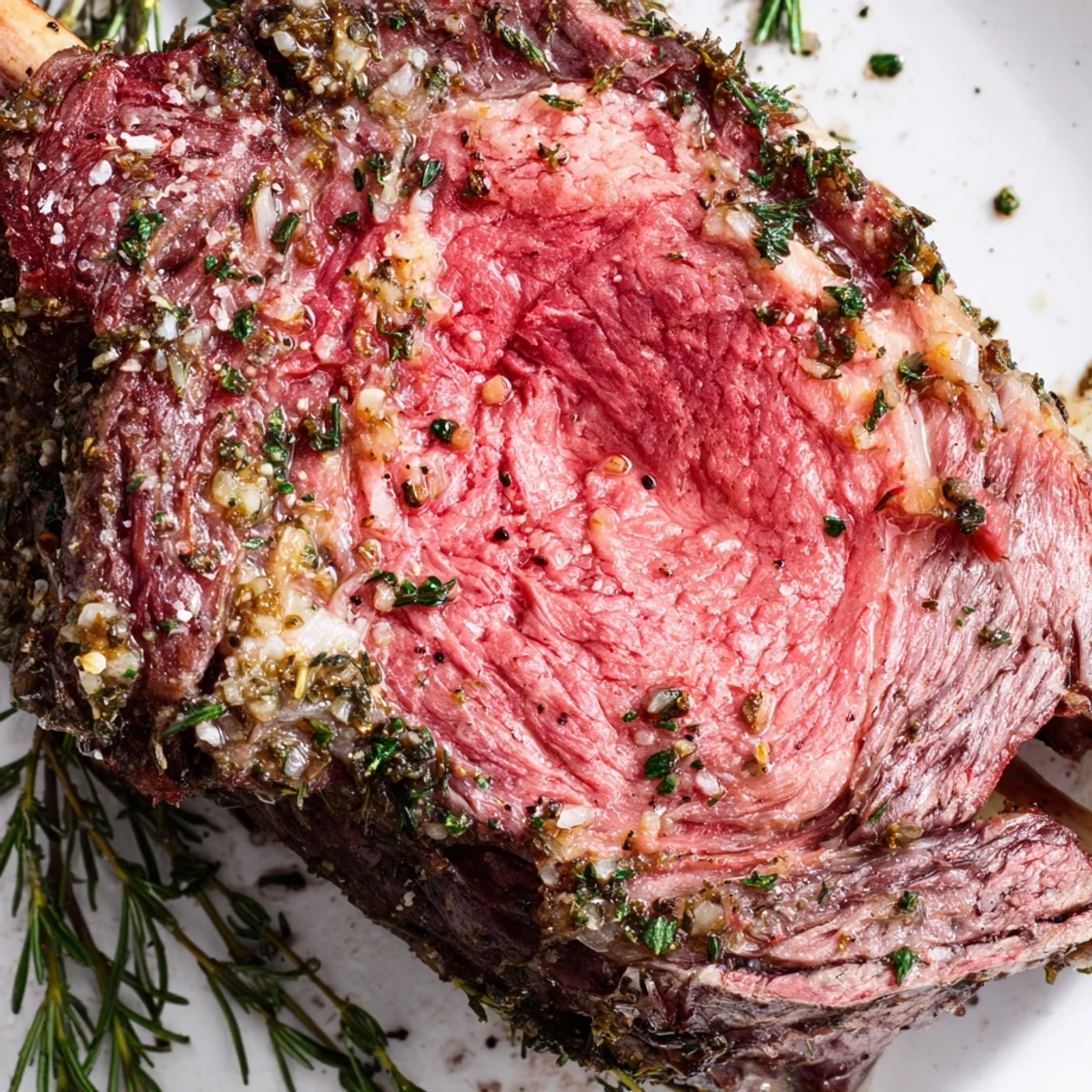 Juicy beef rib roast, perfectly seasoned and ready for serving with roasted vegetables.
