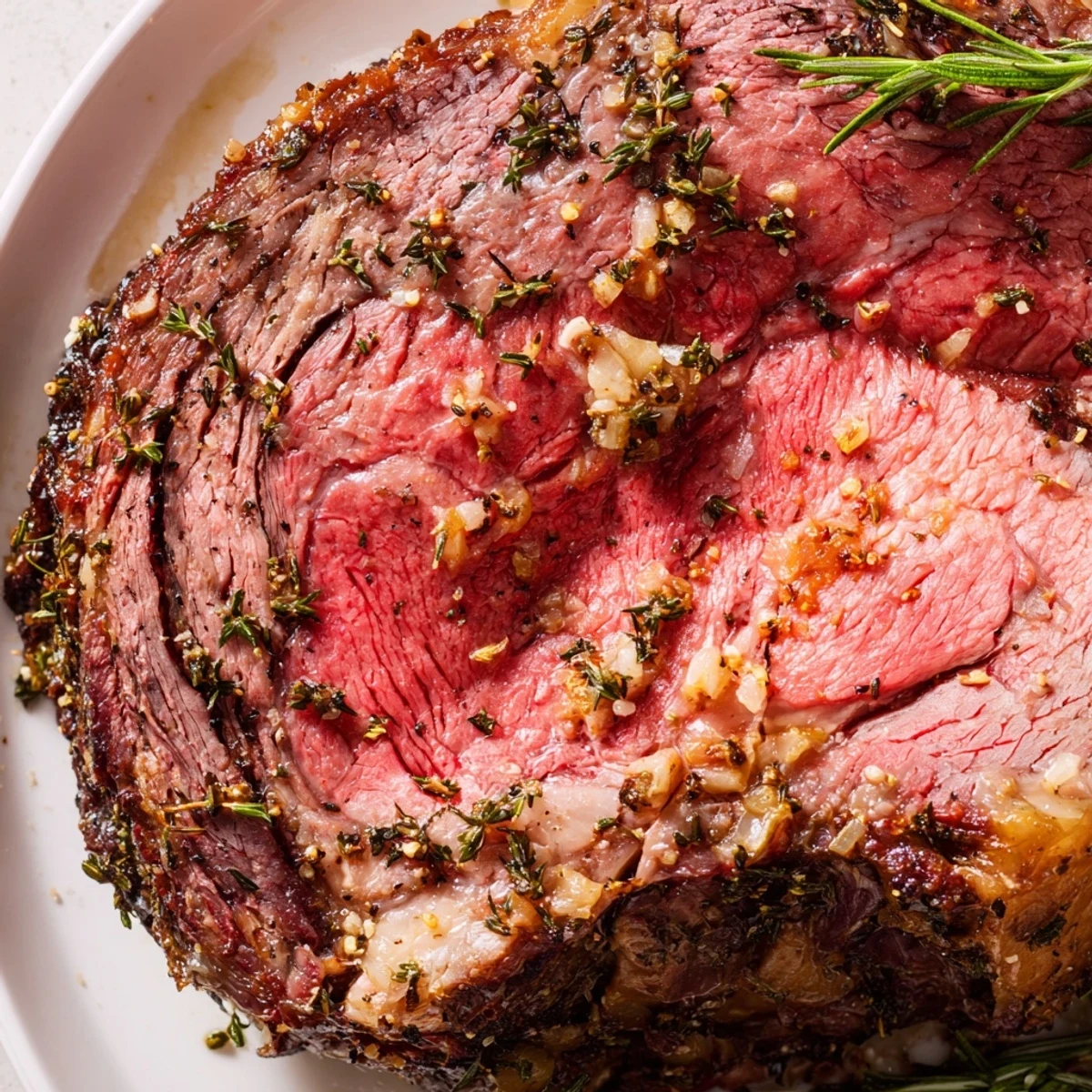 Close-up of a beautifully browned beef rib roast, showcasing tender meat and flavorful crust.
