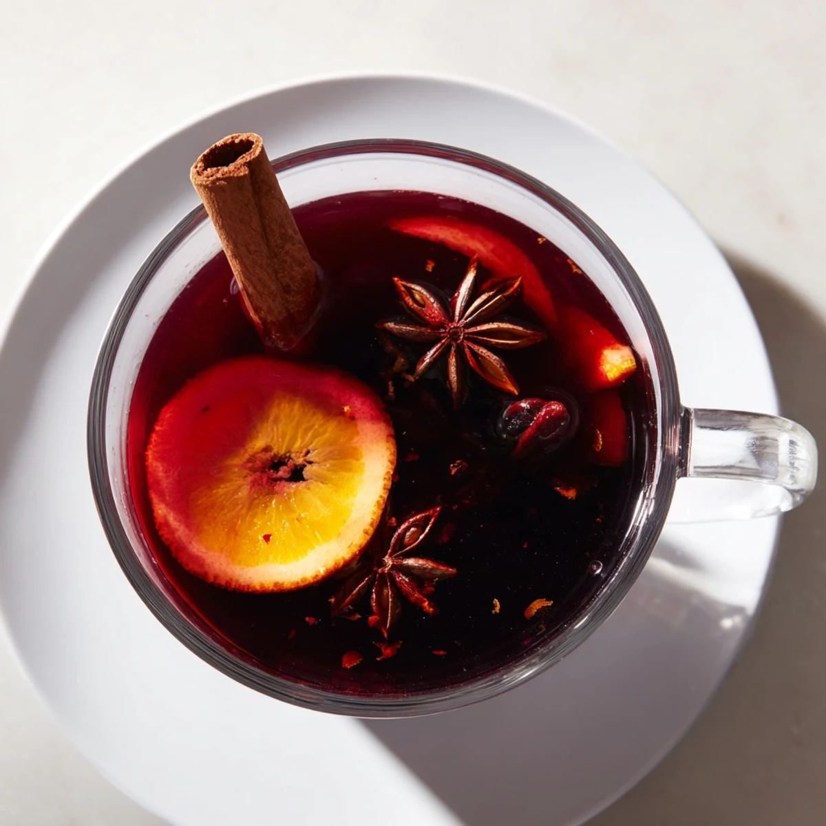 Cozy scene: a bowl of Spiced Alcohol-Free Mulled Wine, perfect for a warming beverage on a cold evening.