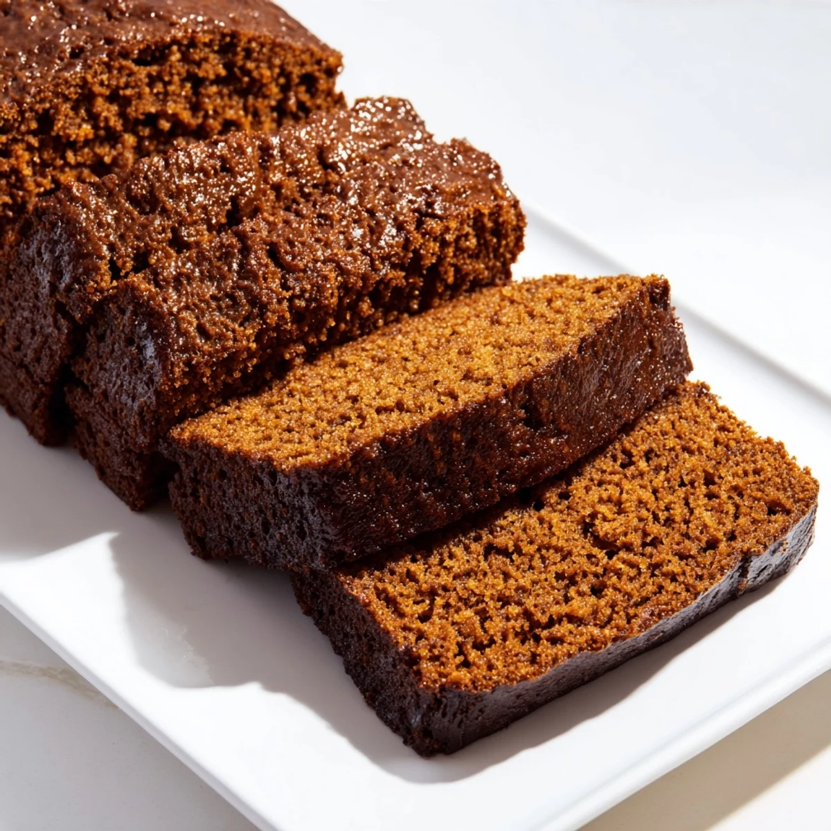 This appetizing image displays a moist slice of rich Gingerbread Cake Loaf, tempting with its flavors.