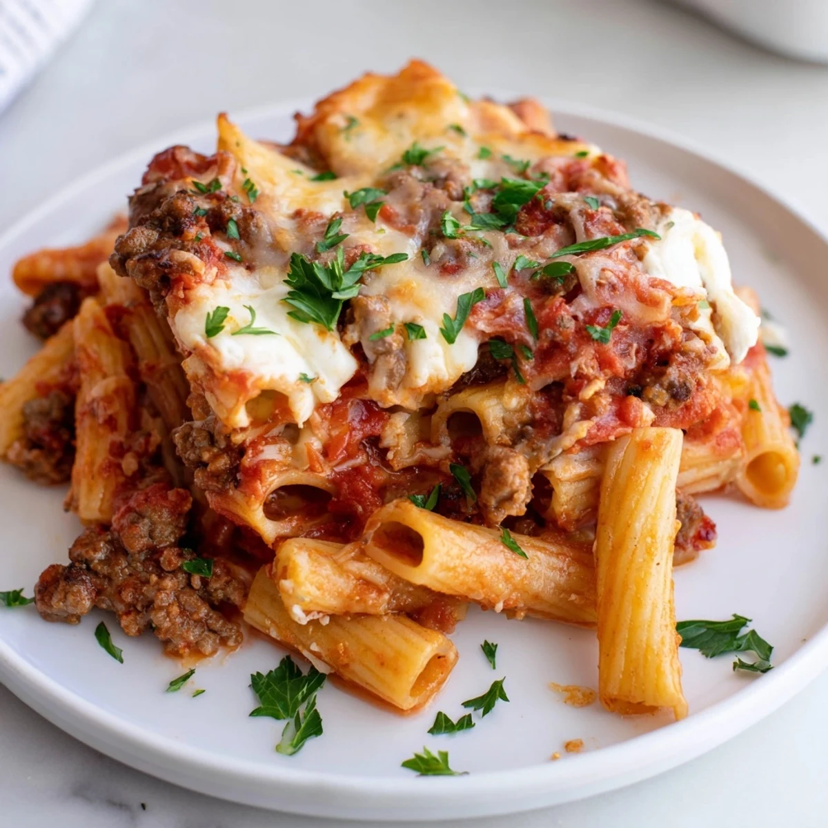 Golden, bubbly Baked Ziti Casserole with a stringy cheese pull, a comforting Italian meal.