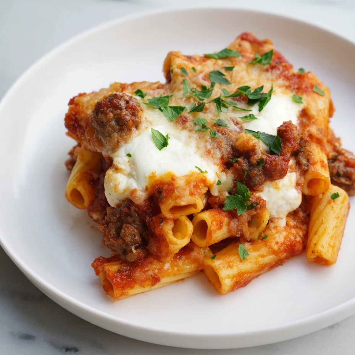 Baked Ziti Casserole, a delightful vegetarian option, with rich tomato sauce and melted cheese.