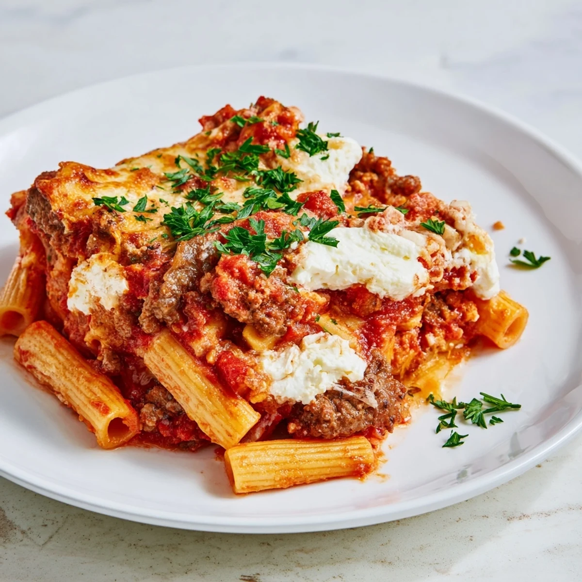 A close-up of a steaming Baked Ziti Casserole, showcasing layers of cheese and pasta.