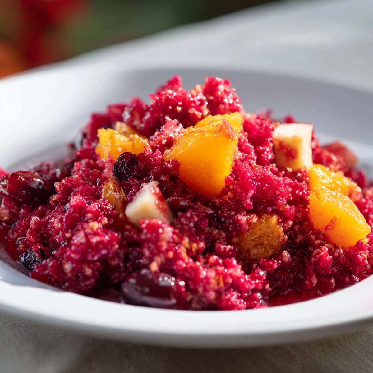 Vibrant cranberry relish, a bright red condiment with visible pieces of fruit, ready to serve.