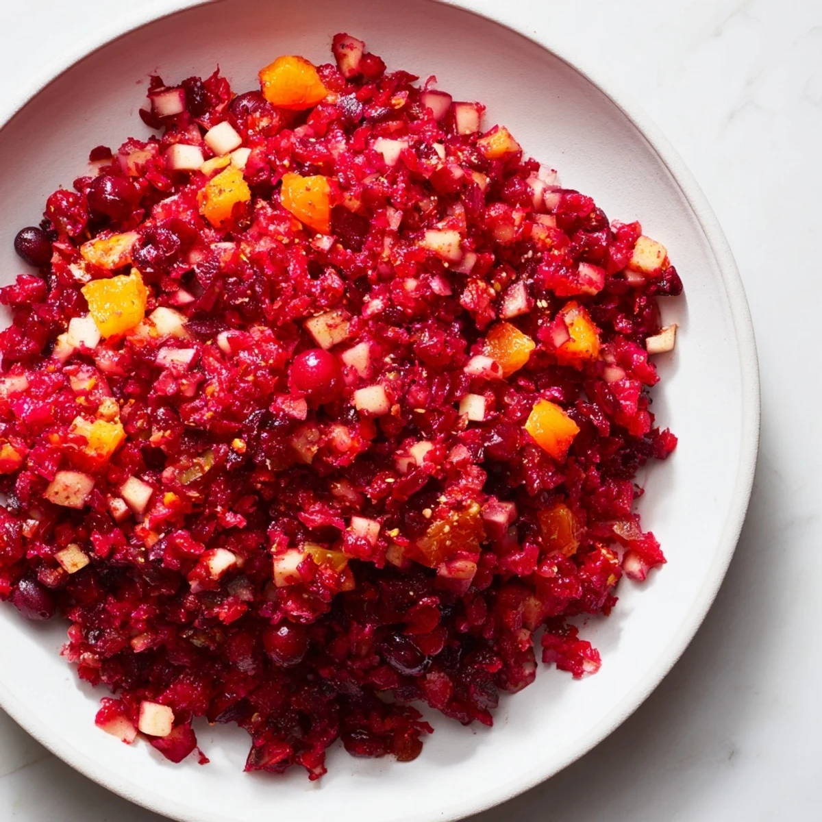 A close-up of fresh cranberry relish, showing the texture and the sweet, tangy flavors within.