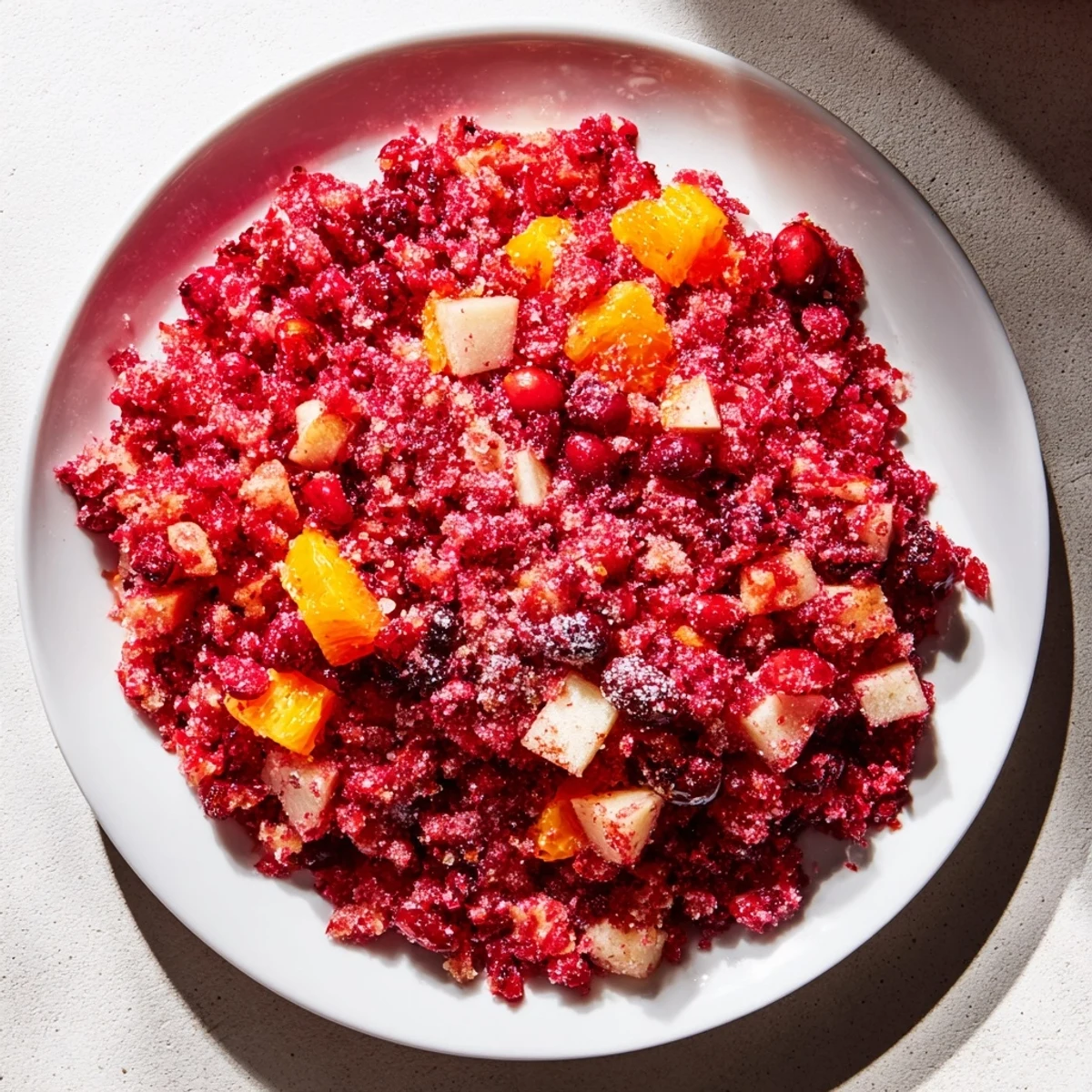 Homemade cranberry relish, perfect for Thanksgiving, offering a delightful pop of seasonal flavor.