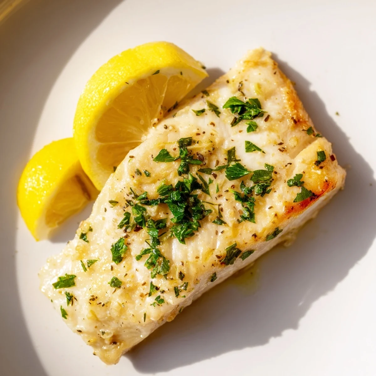 Golden-brown Baked Halibut, garnished with parsley, a flavorful and simple American main course.