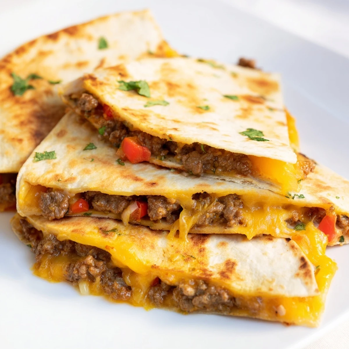 A stack of cheesy Beef Quesadillas, still warm and slightly crispy, perfect with fresh salsa and sour cream.