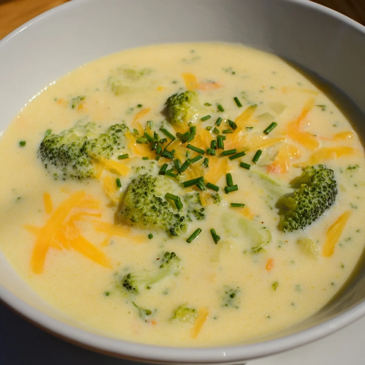 Thick and cheesy Broccoli Cheddar Soup, perfect for dipping crusty bread on a cold evening.